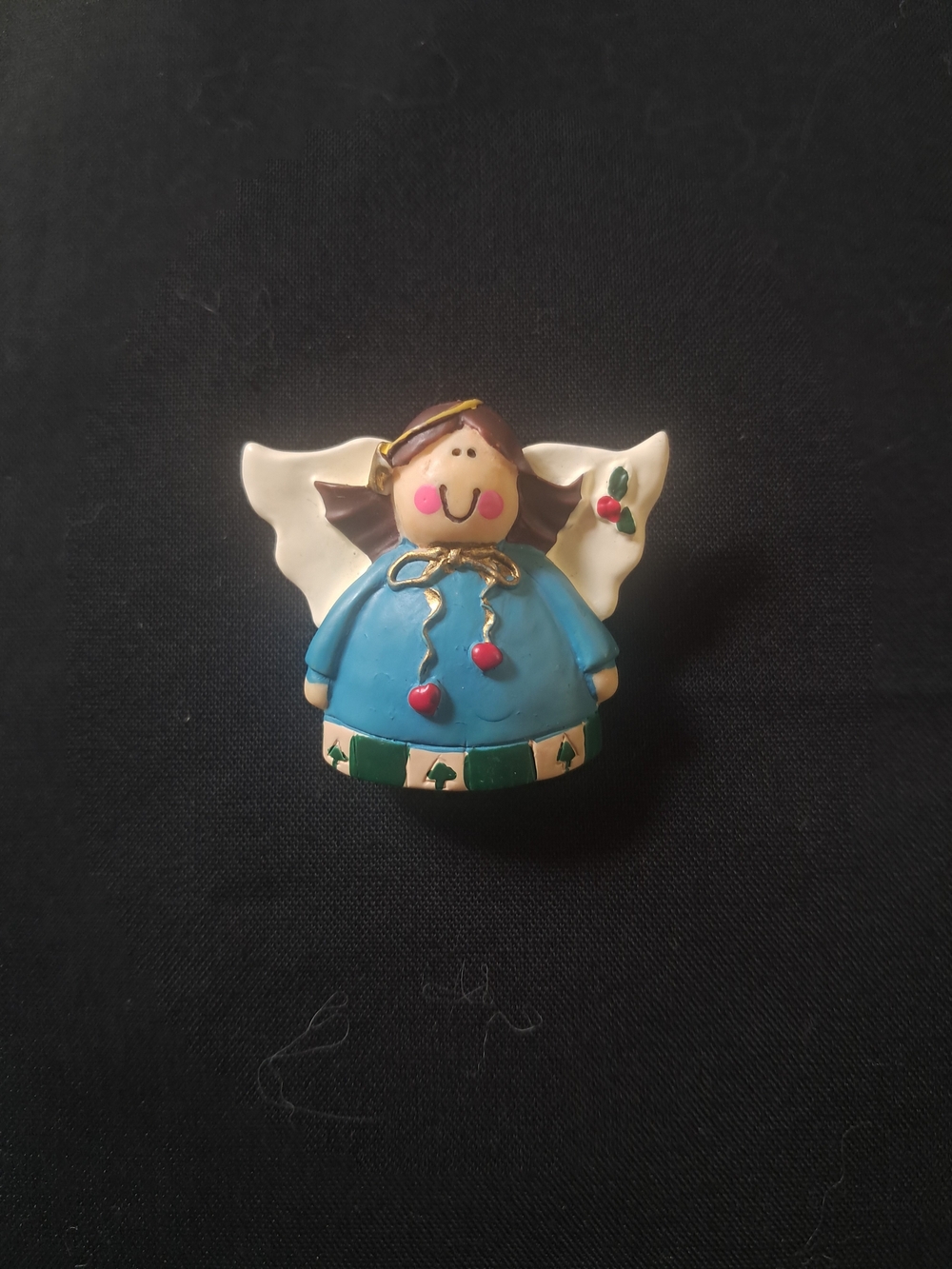 Vintage 90s Christmas Angel Clay Brooch Pin Blue Dress Holly